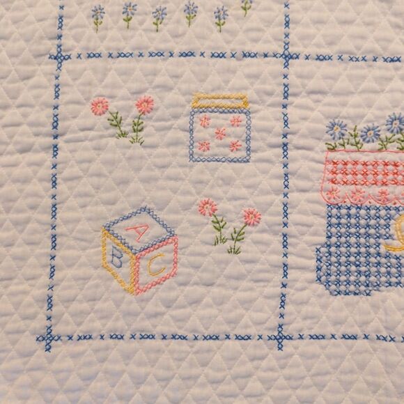 Vintage Cross Stitch Baby Quilt Blanket Blocks Bunny Elephant Bear Flowers - Picture 3 of 11